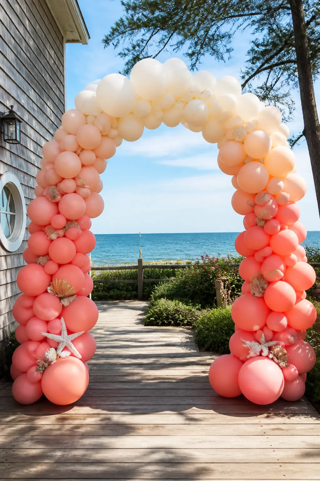 Coral to Cream at a Beach Party Entrance with Shells — A beach party entrance arch needs to survive heat and salt air while looking effortless. Ombre balloon