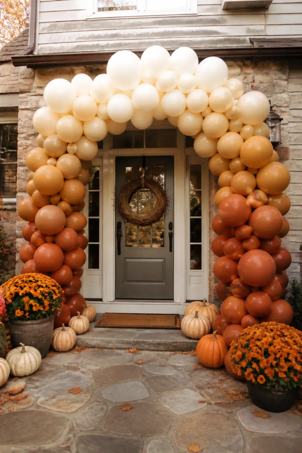Cream to Caramel to Rust at an Autumn Birthday Entrance — An entrance arch has one job: make people feel they have arrived somewhere. Ombre balloon arch