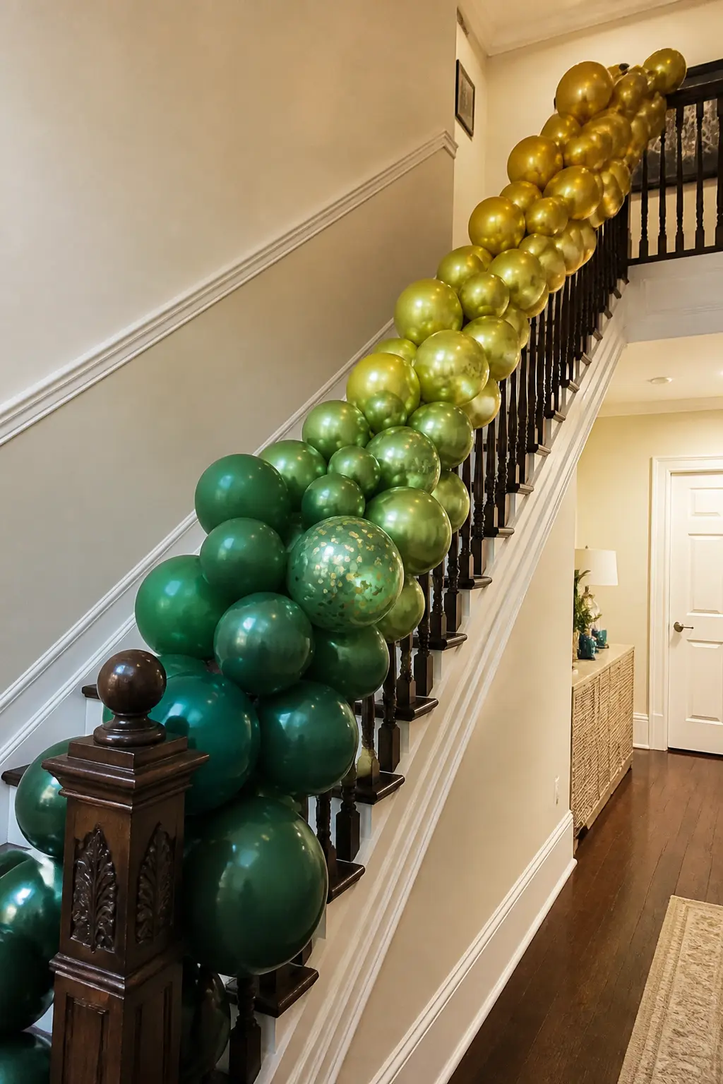 Green to Gold Along a Stair Banister for a New Year Party — A stair banister is a natural balloon garland rail and needs no additional frame. Ombre balloon arch