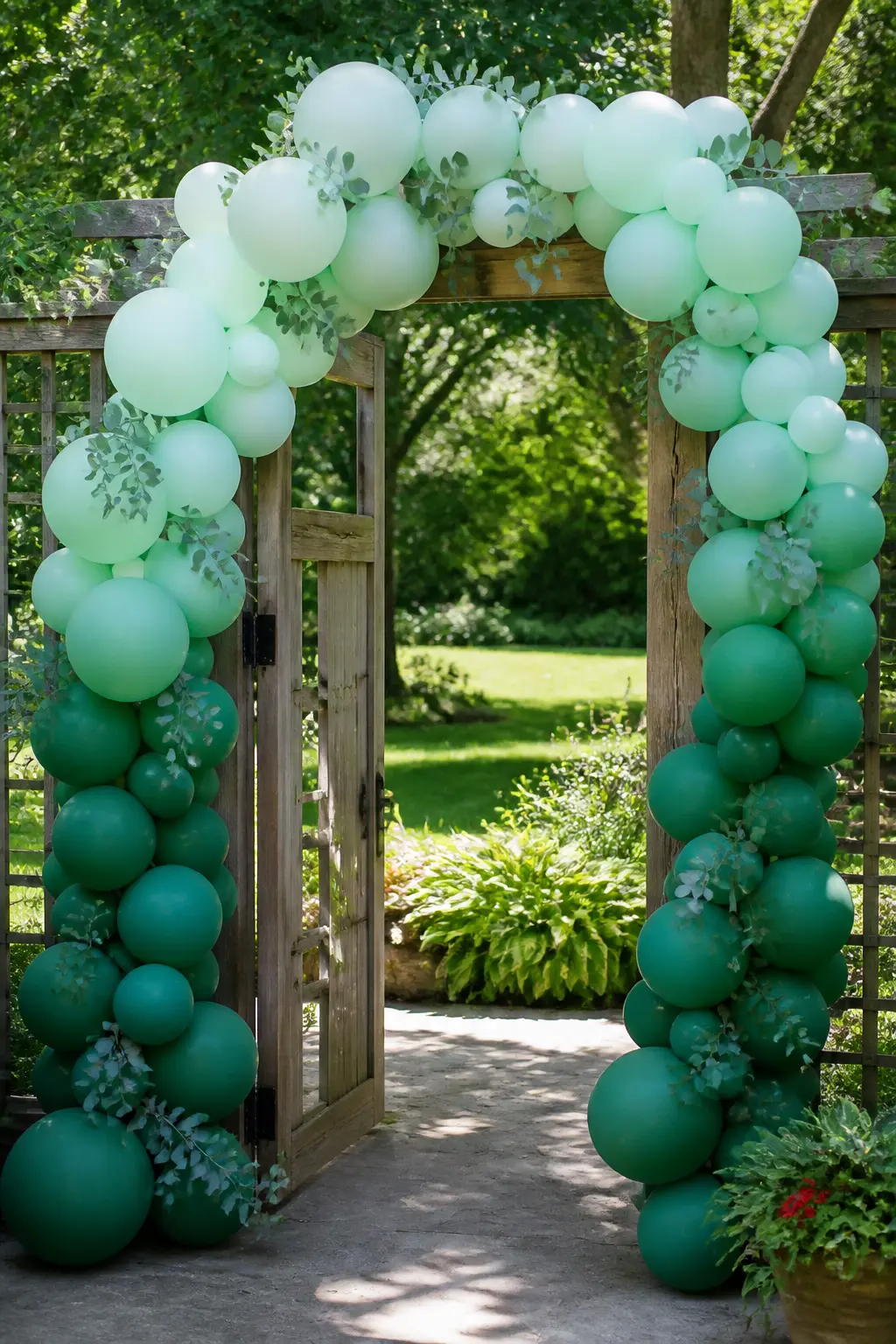 Mint to Forest Green Over a Garden Party Gate — An arch over a gate is a welcome gesture: it tells guests they are in the right place before anyone opens the