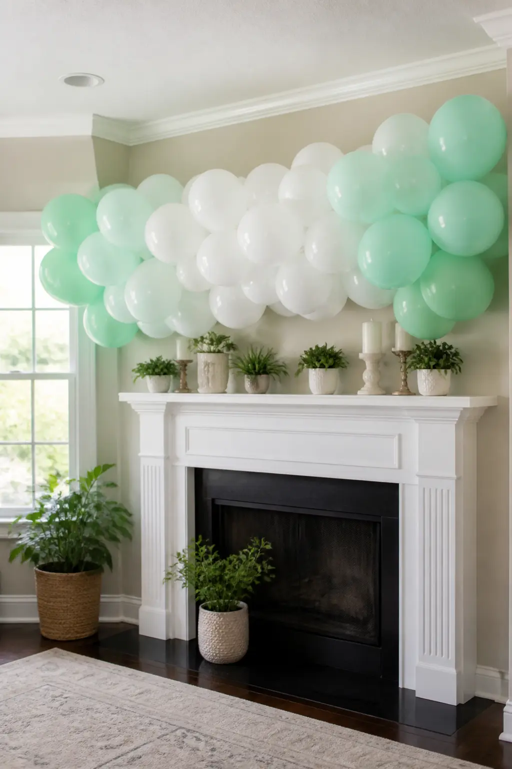 Mint to White Along a Mantel for a Spring Party — A mantel garland is a compact build that works in any living room without requiring a stand or a frame. Ombre