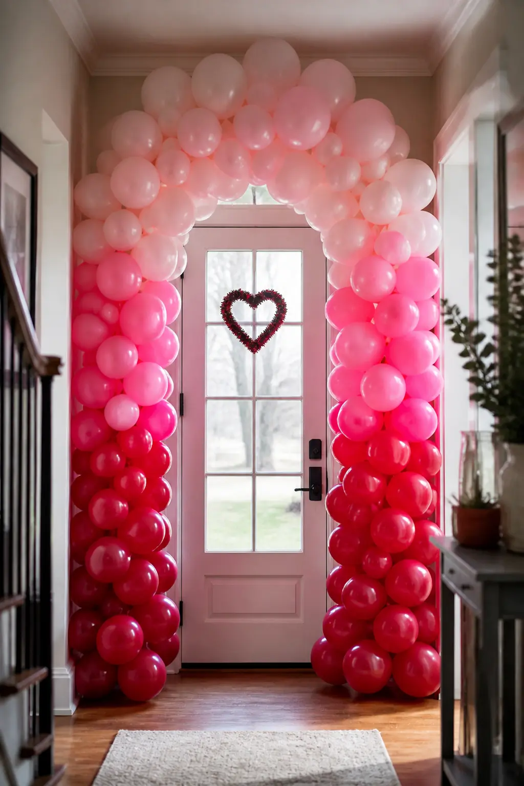 Pink to Deep Red Over a Valentine's Party Doorway — Red and pink is the obvious Valentine's palette, but pink-to-red as a stripe is a cliche. Ombre balloon arch