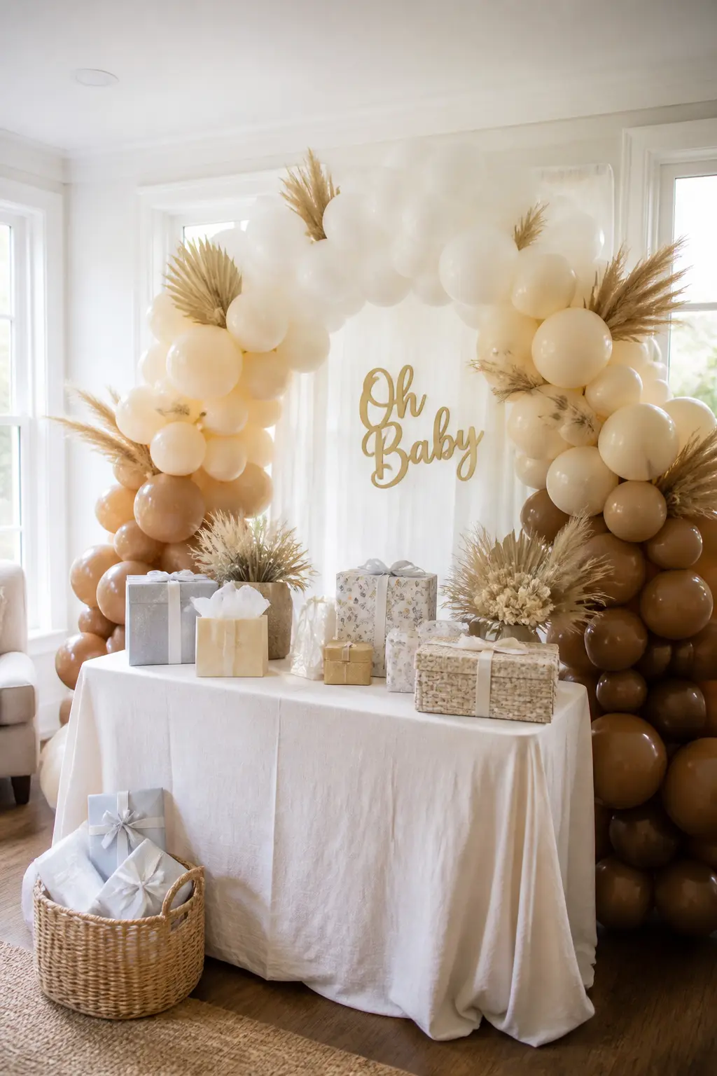 White to Sand to Brown at a Neutral Baby Shower — This arch frames a gift table at a baby shower where the brief was gender-neutral and grown-up. Ombre balloon