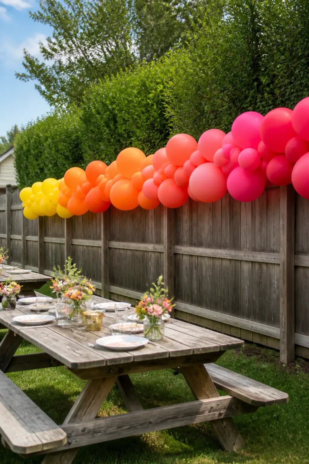 Yellow Through Orange to Pink Sunset Garland Along a Fence — A fence garland works like a horizontal painting: it runs the length of the party space and gives