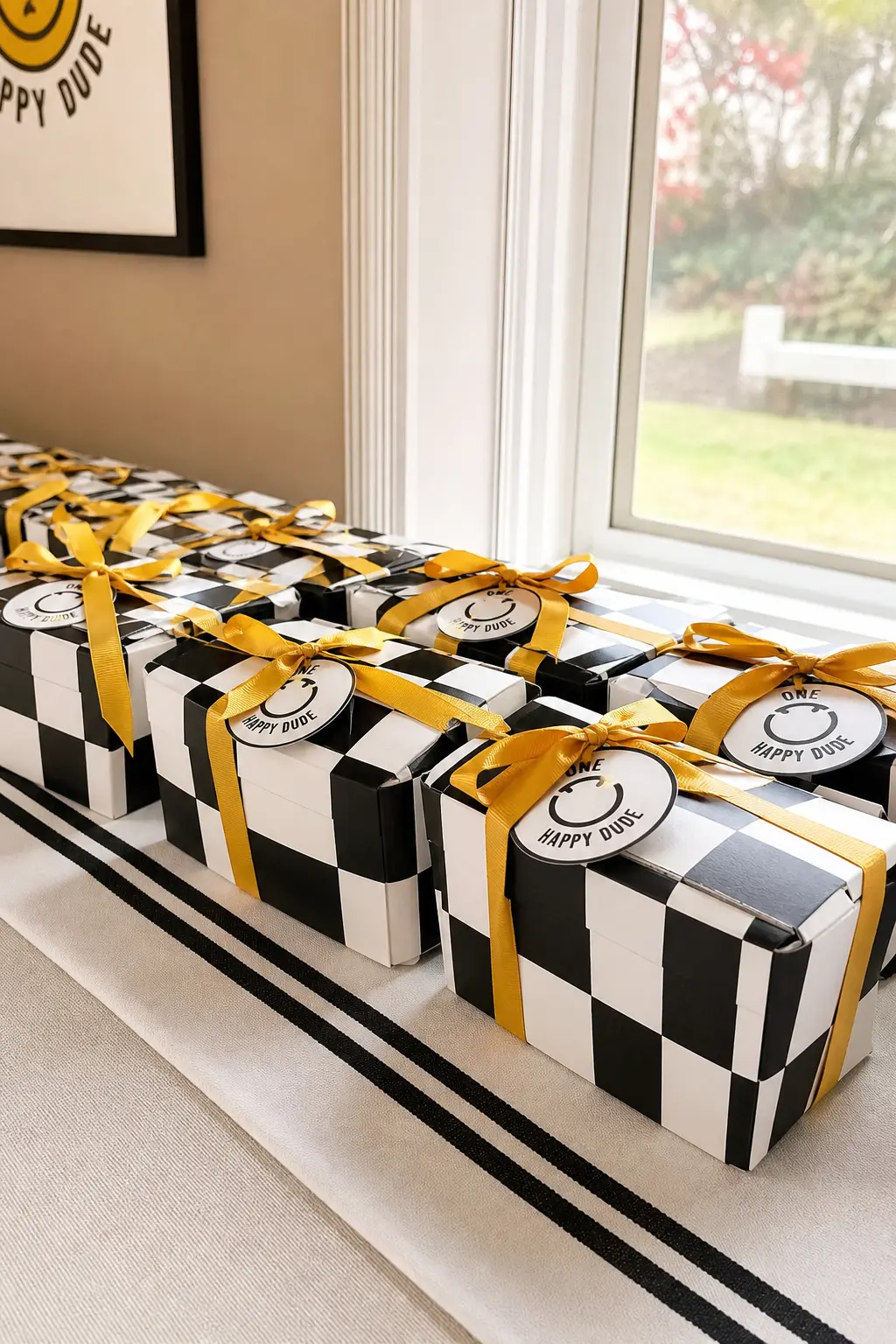 Checkerboard Cookie Favor Boxes — A row of small black and white checkerboard favor boxes, each tied with mustard ribbon and holding a couple of cookies, gives