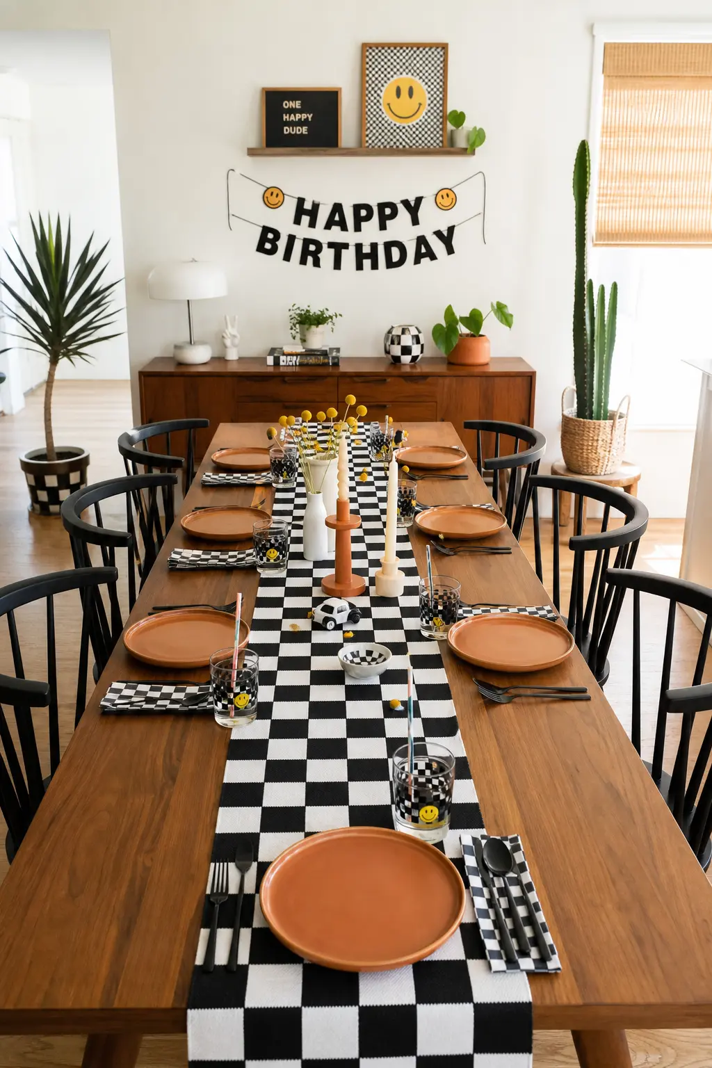 The Checkerboard Table Runner — A black and white checkerboard runner down the center of the table, set with terracotta stoneware and black flatware, gives the