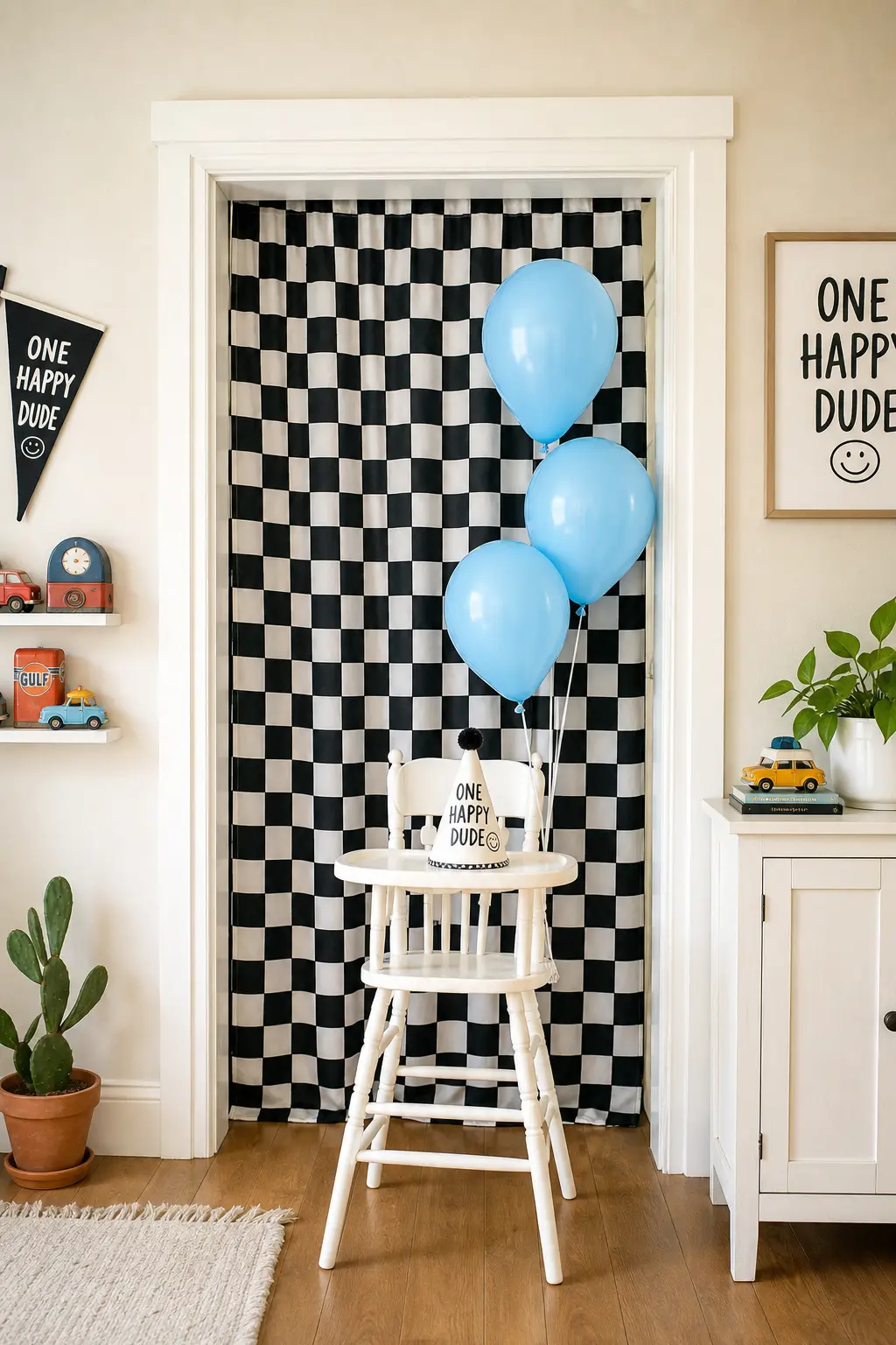 The Doorway Curtain Backdrop — An open doorway is free backdrop real estate that most parties ignore. One happy dude first birthday