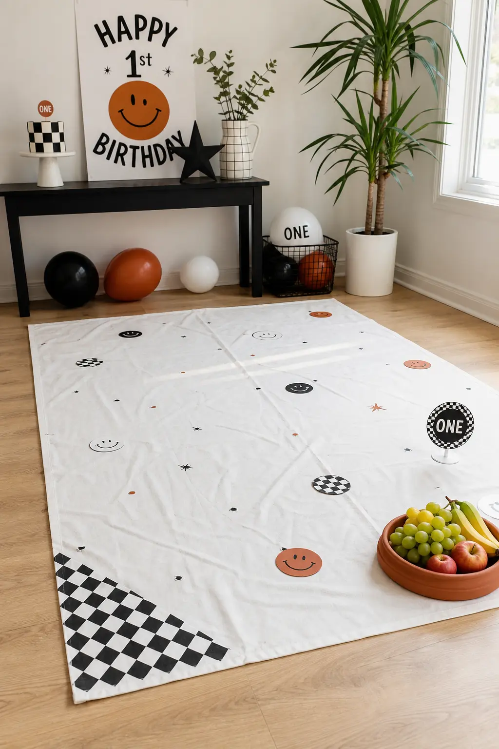 The Fabric Drop-Cloth Smash Zone — For a first birthday where cake feels like too much sugar too soon, a white canvas drop cloth with a black and white checker