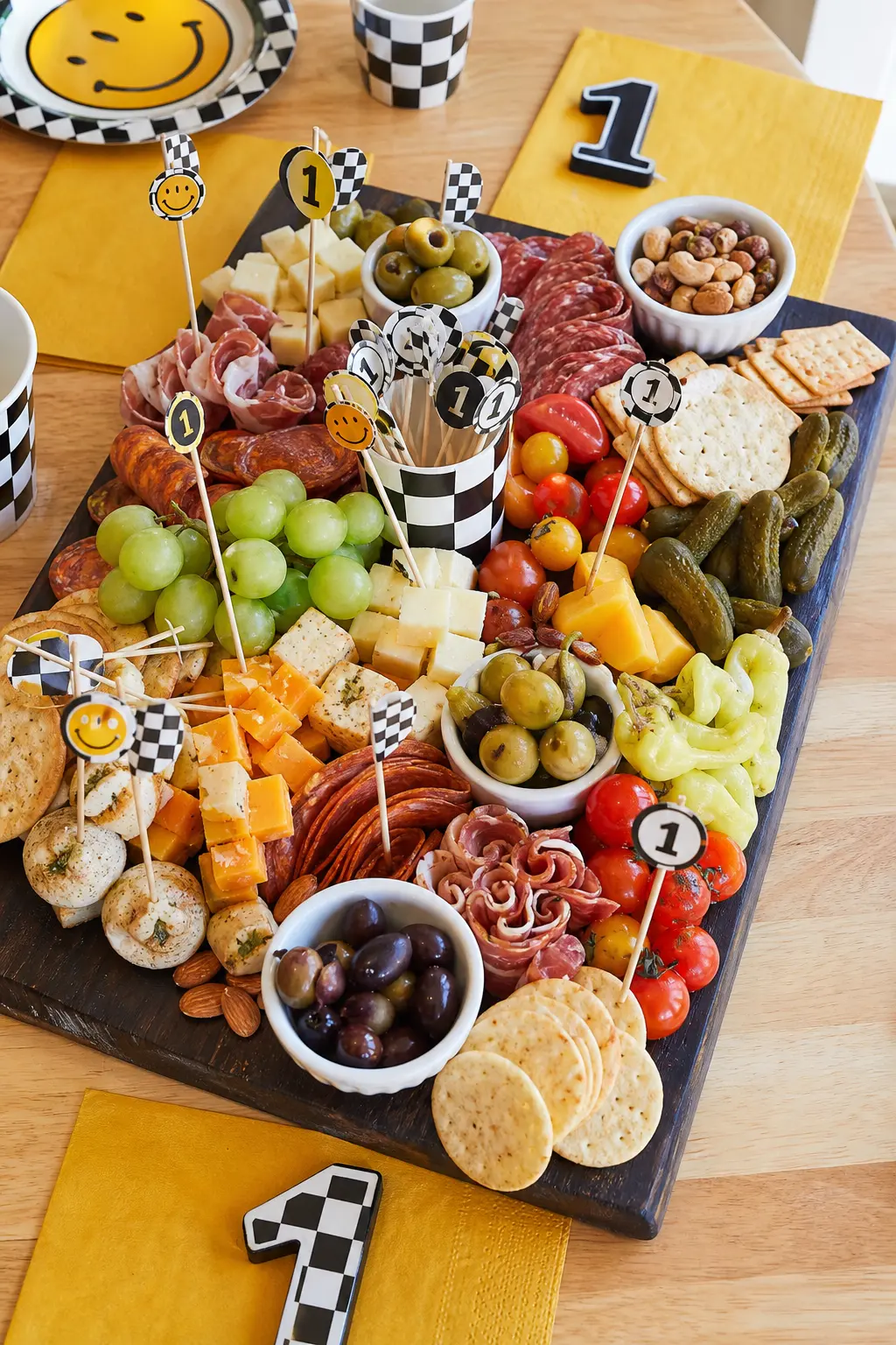 Grazing Board With Retro Skewers — A wooden board spread with finger foods, secured with black and white checker cocktail picks, gives adults something more