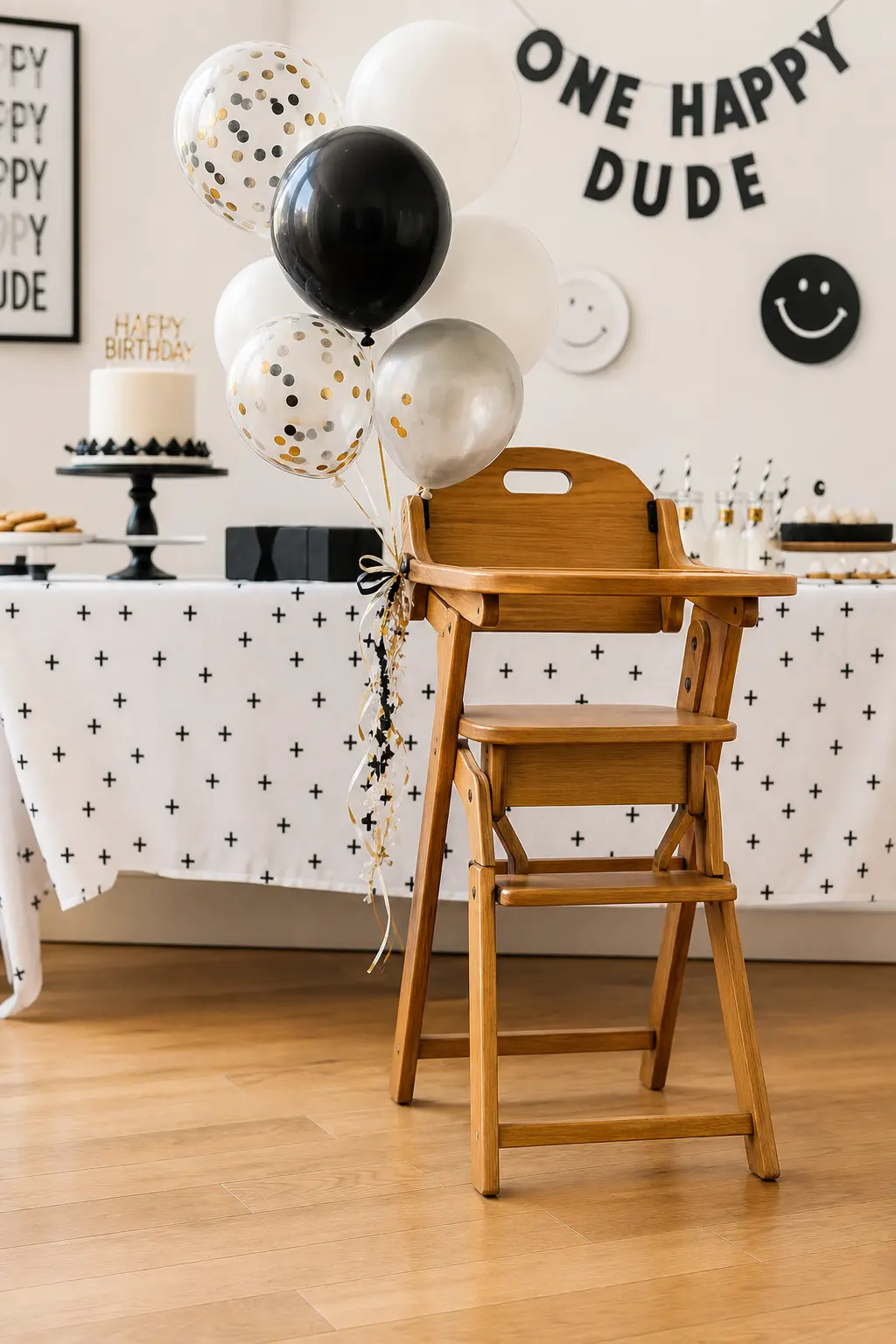 The High-Chair Confetti Bouquet — A small bouquet of black, white and gold confetti balloons tied with ribbon to the back of the high chair does double duty