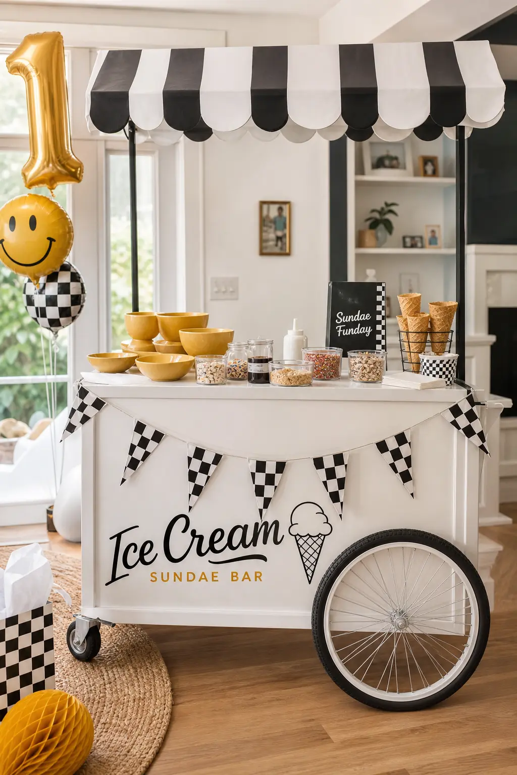 The Ice Cream Sundae Cart — A vintage-style cart trimmed with black and white checker bunting, set up with mustard yellow bowls and a spread of toppings, turns