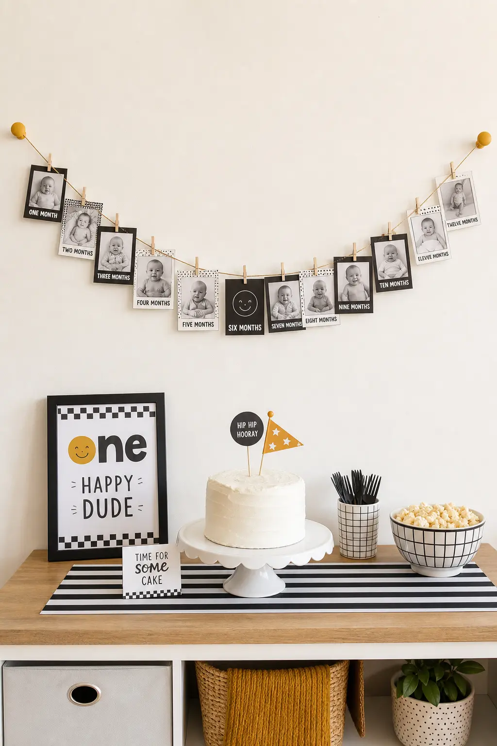 Milestone Photo Banner — A string of black and white photo block frames strung between two mustard pegs, each holding a monthly photo from the past year, gives