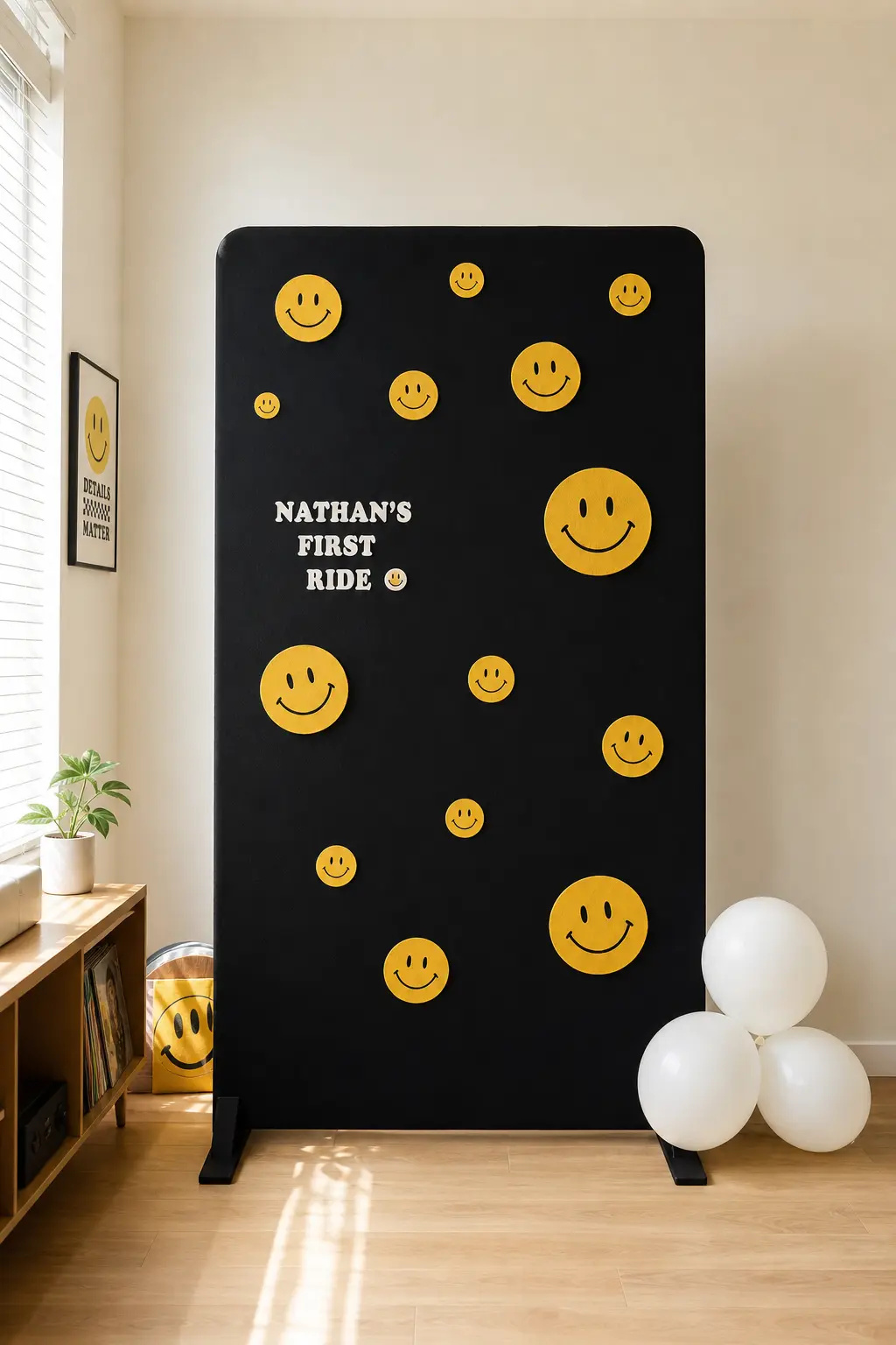 The No-Damage Corkboard Backdrop — Renting means no tape on the walls, so this one stands entirely on its own feet. One happy dude first birthday
