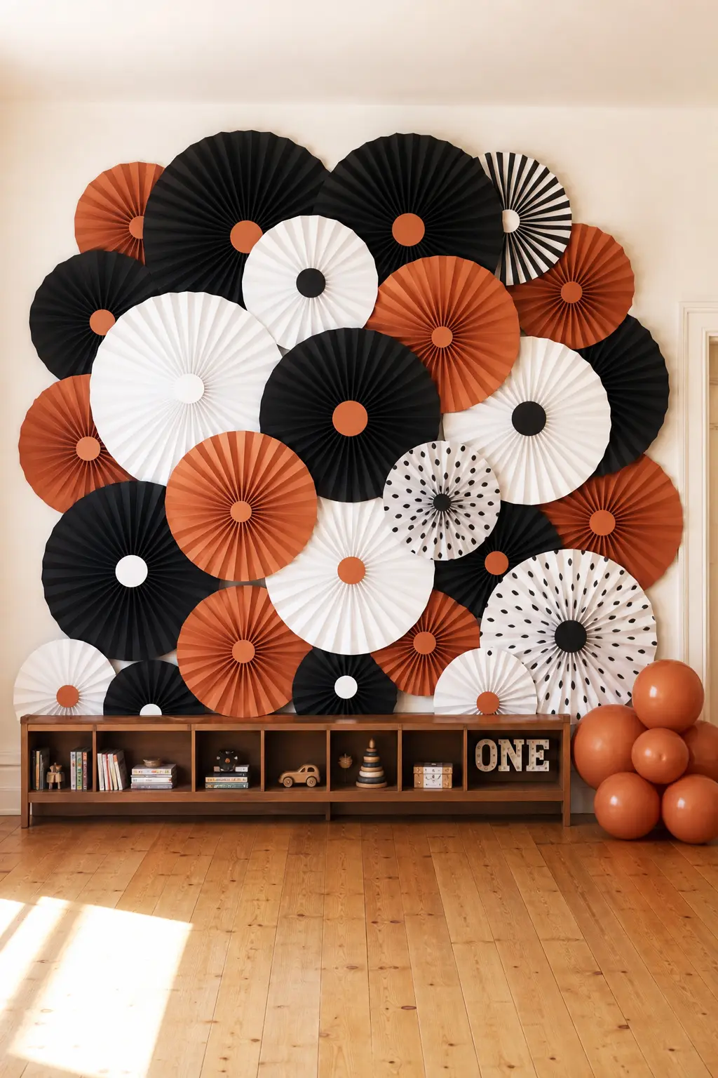 The Pleated Paper Fan Backdrop — Paper fans cover a lot of wall for very little money, and they pack flat for storage afterward. One happy dude first birthday