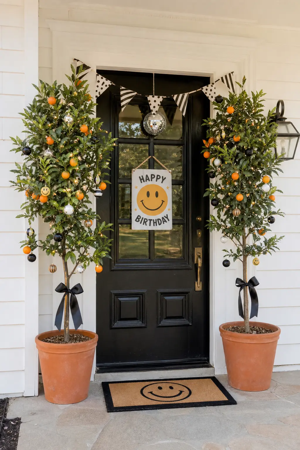 Potted Citrus Trees Flanking the Entrance — Two potted citrus trees standing on either side of the front door, each trunk tied with a simple black ribbon bow