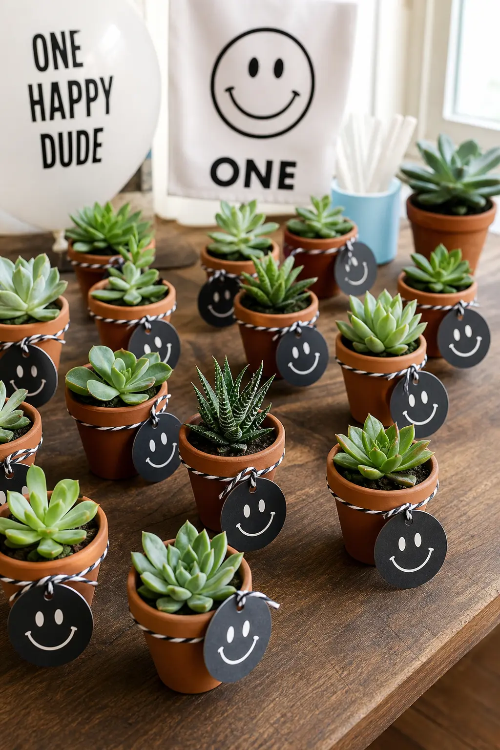 Potted Succulent Favors With Smiley Tags — A line of small terracotta pots holding green succulents, each tied with a black tag stamped with a white smiley