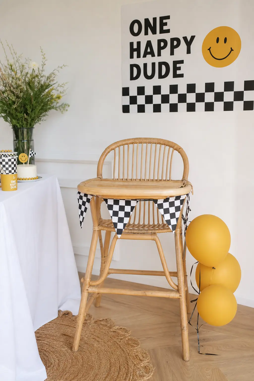 The Rattan High Chair With Checker Bunting — A natural rattan high chair, dressed with a black and white checker fabric bunting across the tray and a trio of