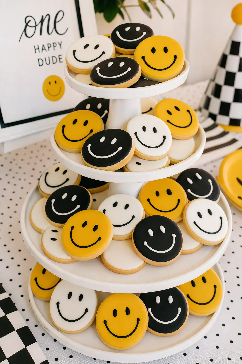 The Smiley Cookie Dessert Tower — A tiered stand of iced smiley cookies in black, white and sunshine yellow icing becomes the centerpiece of the dessert table