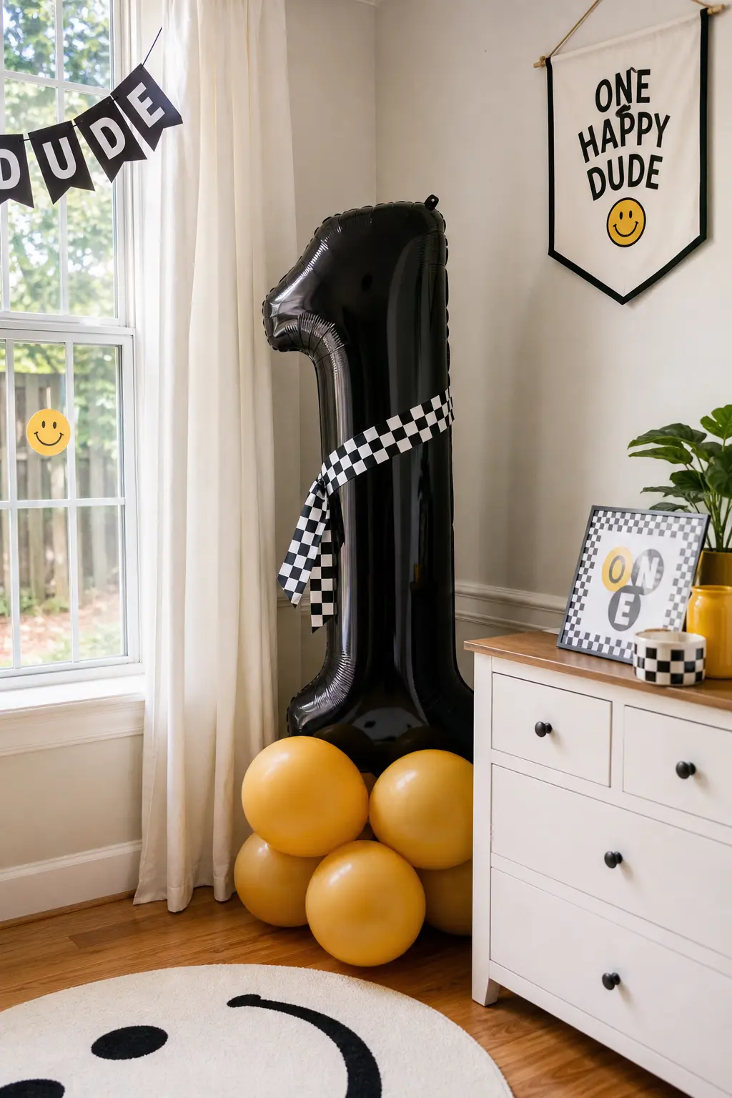 Standing Number Balloon With Checker Sash — A single tall black number one balloon, standing on its own in a room corner, does more work than a whole extra
