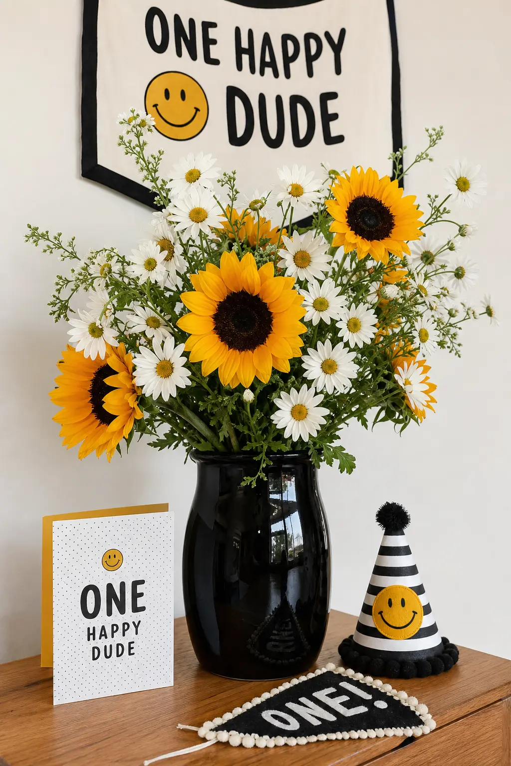 Sunflower and Daisy Arrangement — A black ceramic vase holding a loose arrangement of yellow sunflowers and white daisies softens the checkerboard elsewhere in