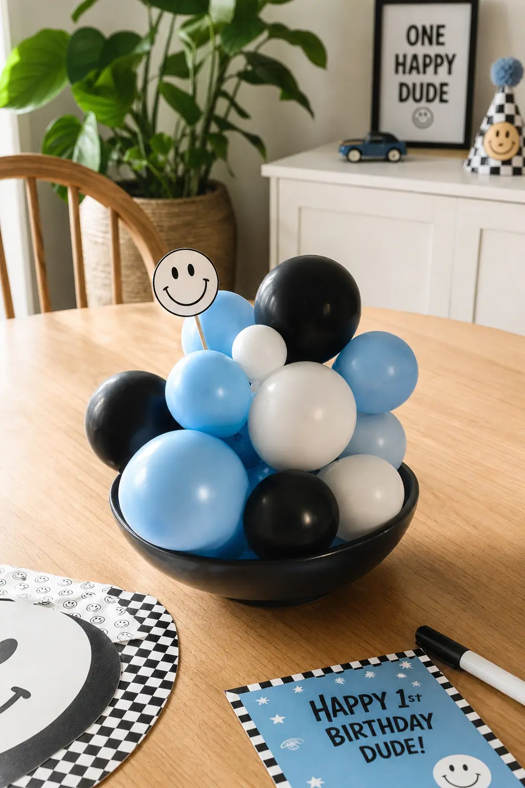 The Tabletop Balloon Bowl Centerpiece — Not every table needs flowers. One happy dude first birthday