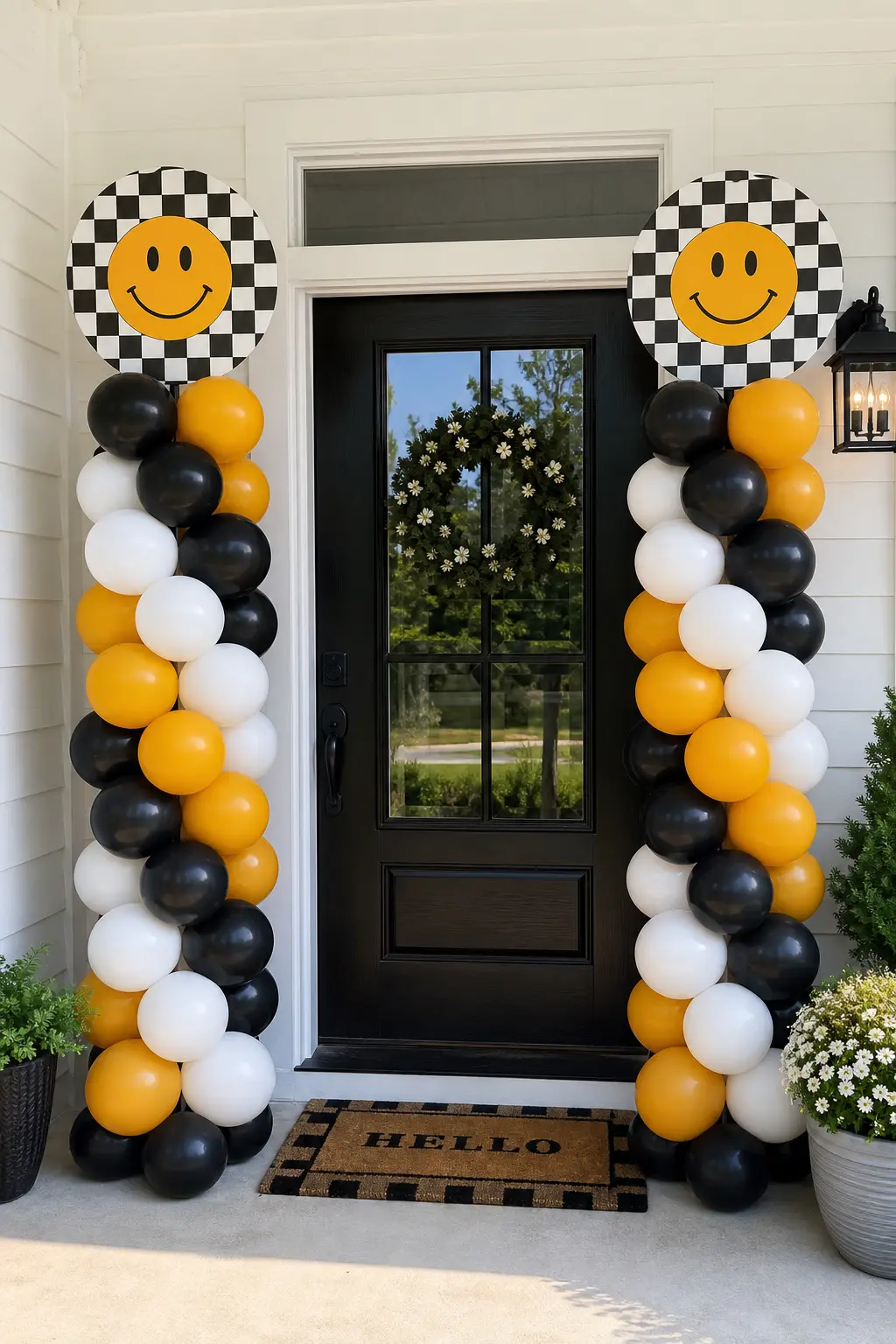 Twin Entrance Balloon Columns — Flanking the front door with two matching balloon columns tells guests exactly where the party starts before they even step