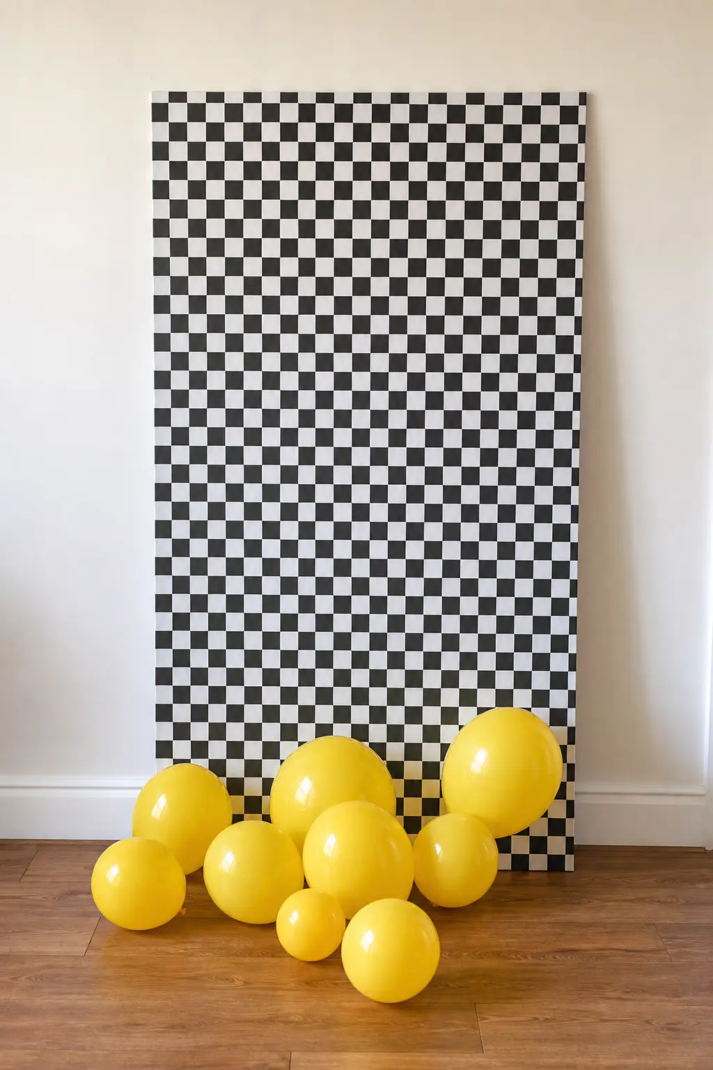 The Wrapping-Paper Photo Panel — Two rolls of black and white checkerboard gift wrap taped over a foam board, leaned against a wall or propped on an easel