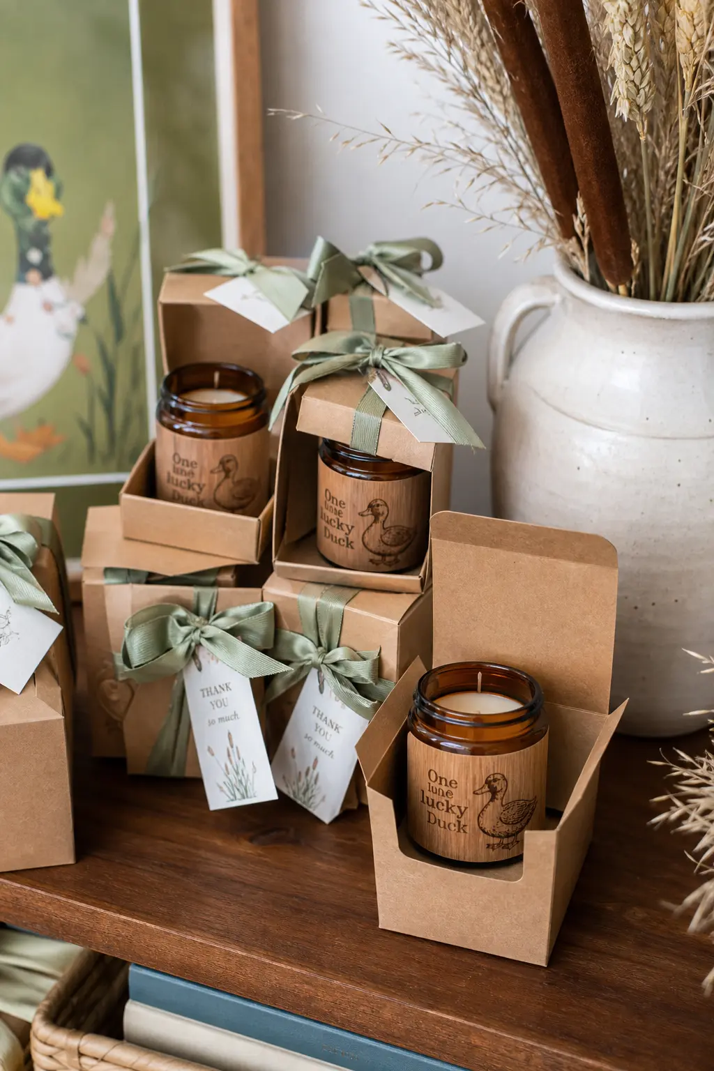 Amber Candle Favor Boxes — A small candle in an amber jar reads as a real gift rather than a party trinket, and the wood veneer label keeps it on theme without
