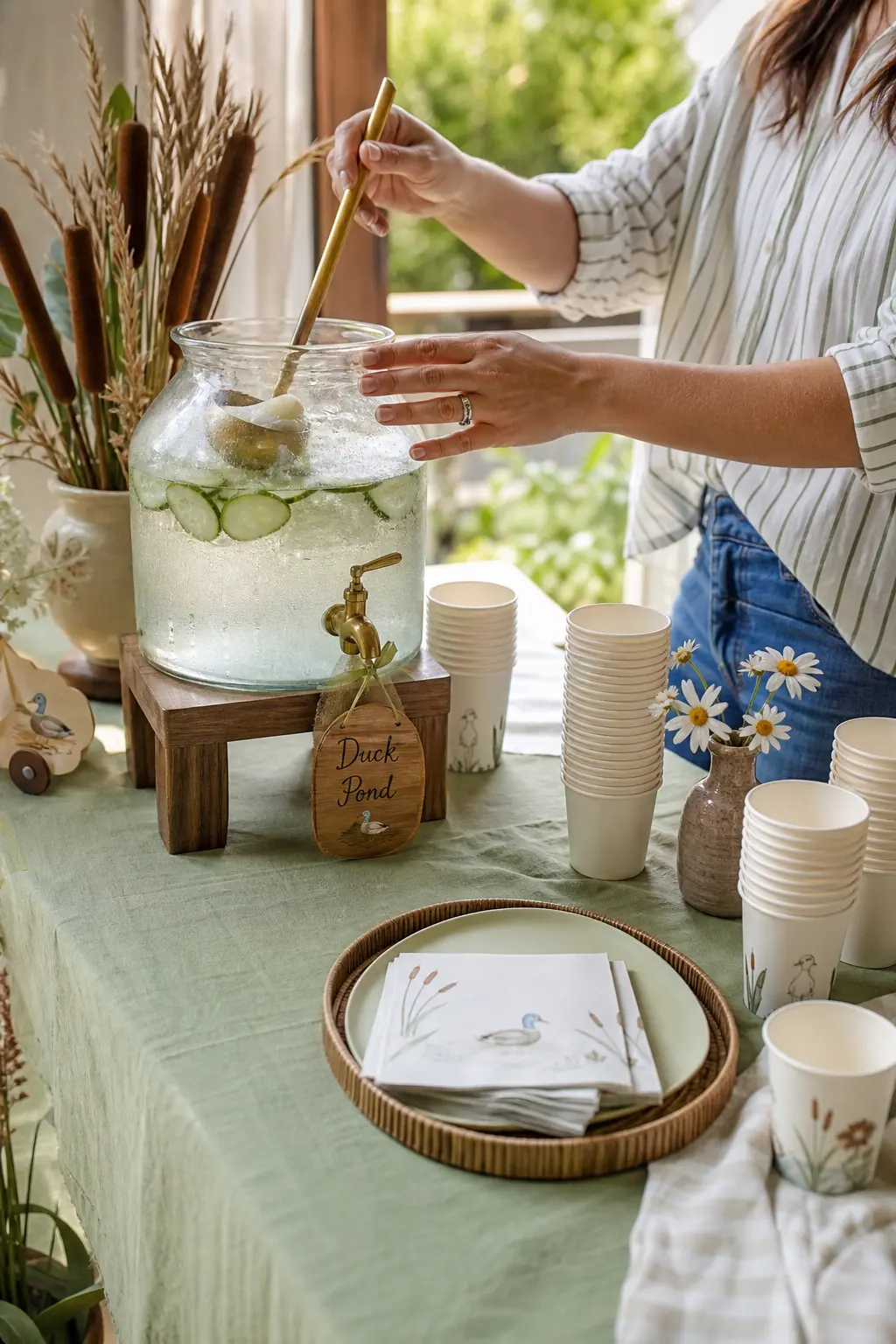 Brass Ladle Drink Station — Skip the raw undyed linen and reach for a proper dyed sage tablecloth instead, it holds color and spills far better. One lucky duck