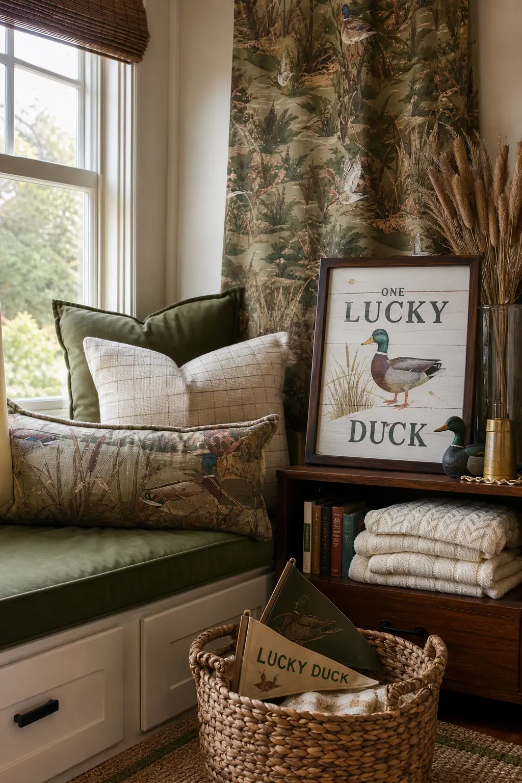 Camo Panel Reading Nook — A soft camouflage print, kept muted rather than military bright, gives the theme a nod to its hunting lodge cousin without going full