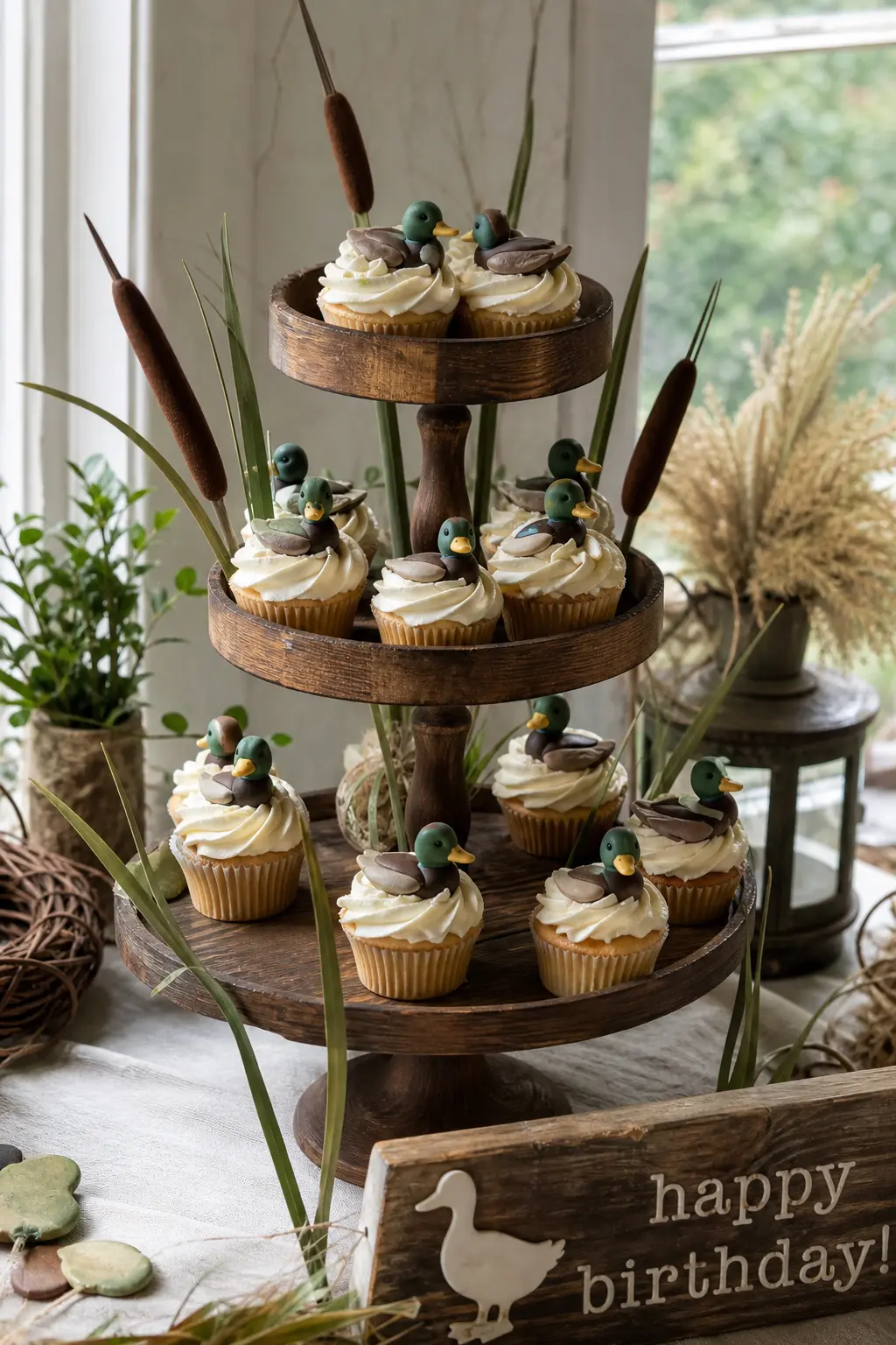 Cattail Tucked Cupcake Stand — Fondant mallard heads on plain cream frosting keep the cupcakes from looking like a craft project gone too far. One lucky duck