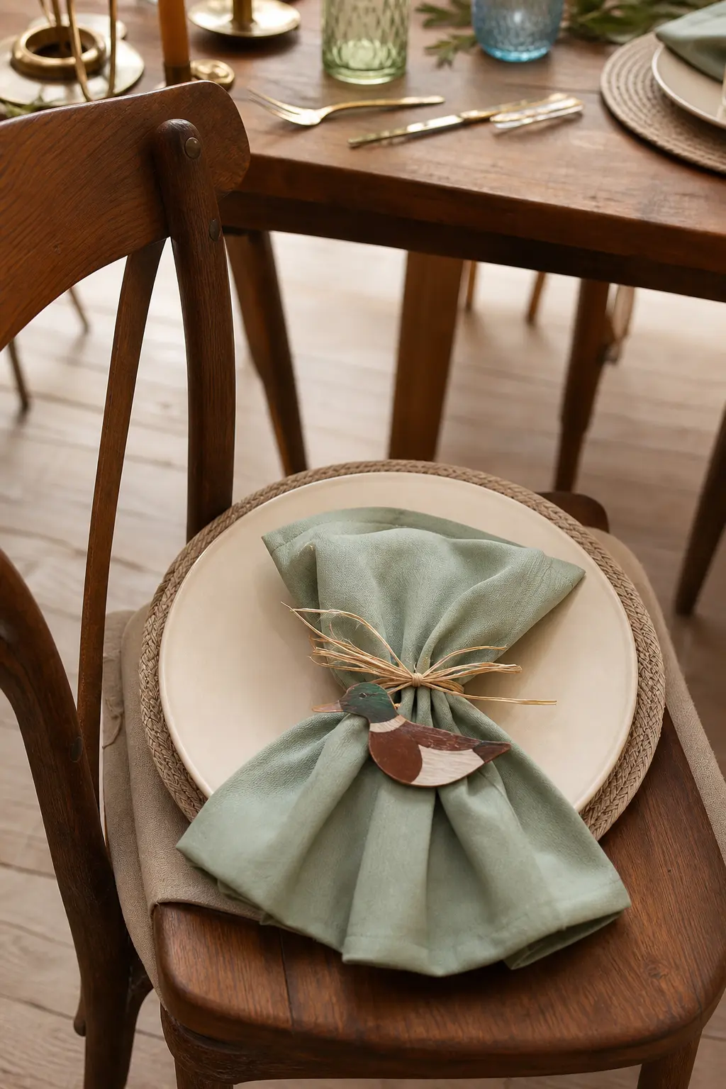 Charm Tied Place Setting — If any adult guests are staying for a seated meal, one styled place setting sets the tone for the whole table without repeating it