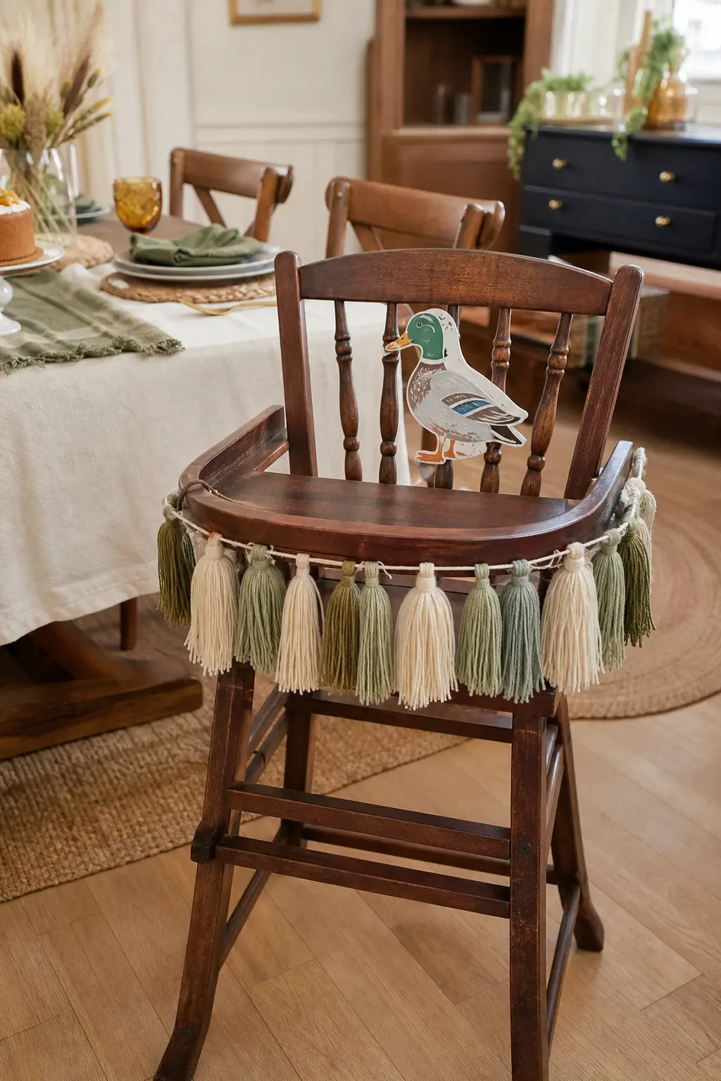 Dressed High Chair Photo Moment — The high chair gets photographed whether it is dressed or not, so a tassel garland across the tray and a small mallard cutout