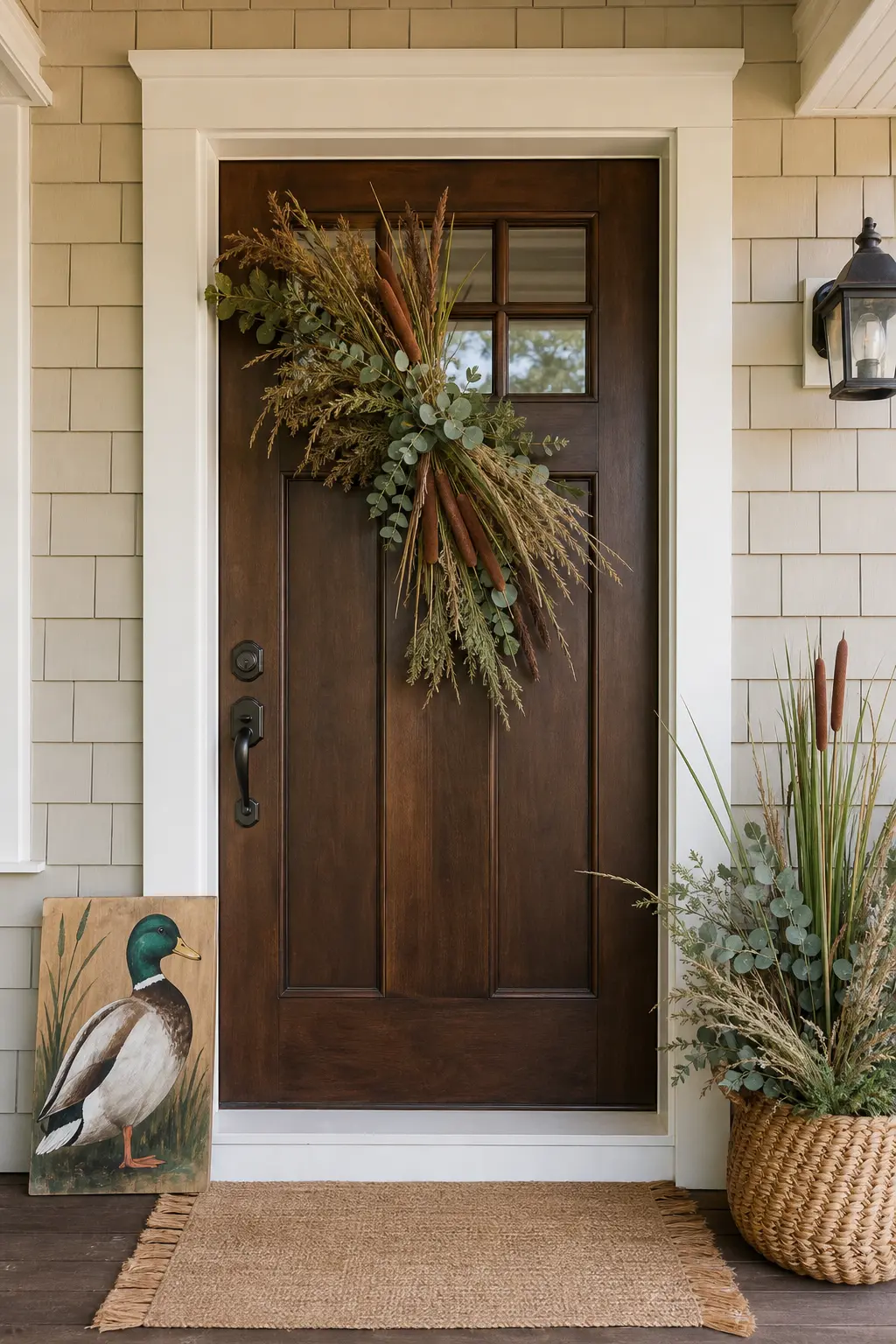Entrance Cattail Swag — The front door is the first photo opportunity of the day, before anyone even steps inside. One lucky duck birthday party