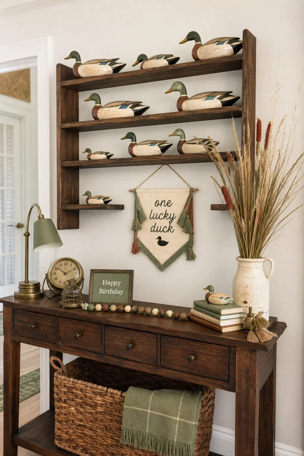 Mallard Decoy Display Shelf — Instead of a wall of cartoon ducks, line small carved wood mallard decoys along a tiered shelf, like stock on a general store