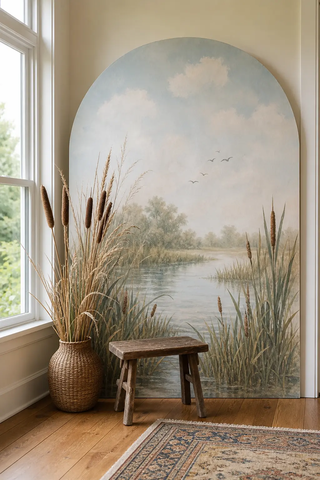 Marsh Backdrop Window Corner — A hand painted canvas of a soft marsh scene is a one time purchase that outlasts the party, since it works as nursery art
