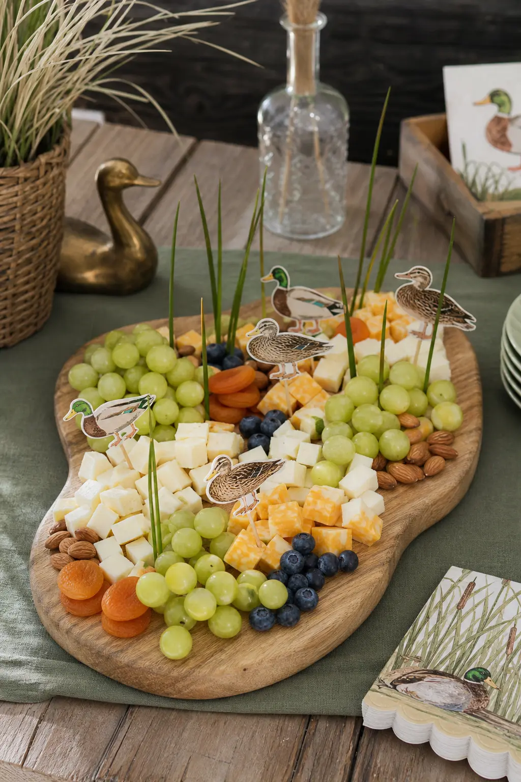 Marsh Shaped Snack Board — Arrange cheese, crackers and fruit in a loose curved shape instead of straight rows, then stand a few chive stalks upright like