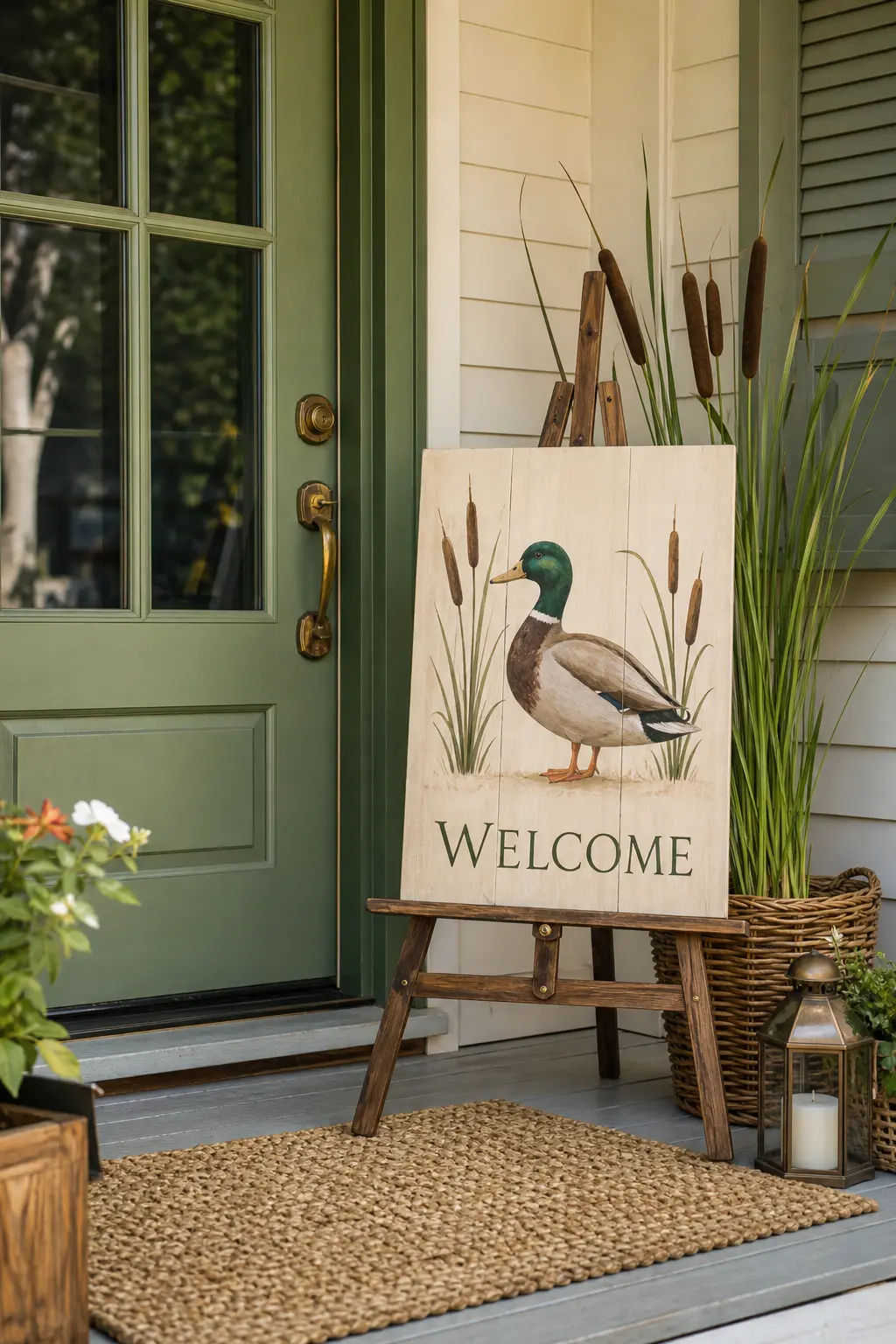 Painted Mallard Welcome Panel — A hand painted panel, no wording at all, just the bird and a sprig of cattails, works as art in a nursery long after the party