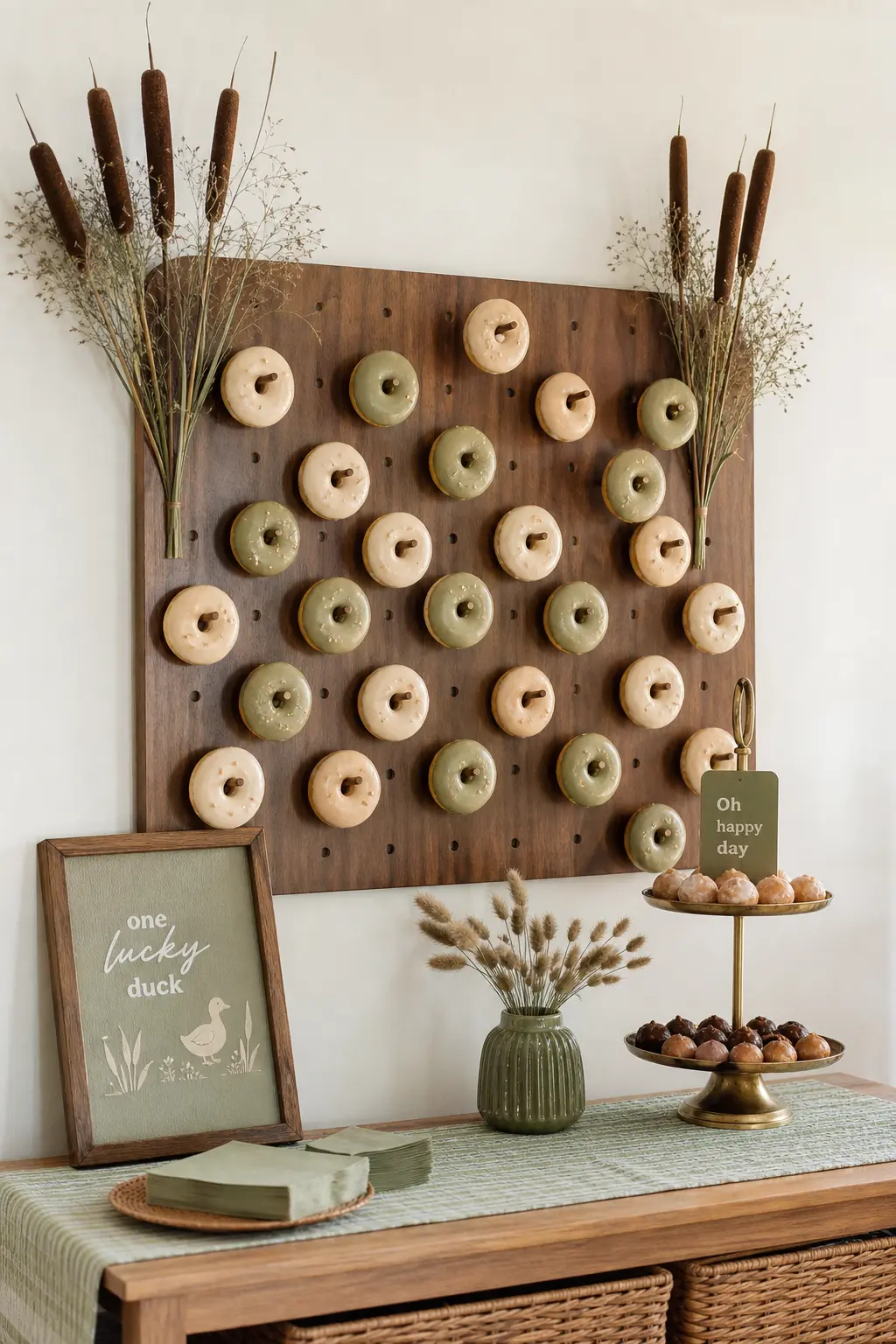 Pegboard Donut Wall — A donut wall solves portion control on its own, guests take one and move along, no serving utensils needed. One lucky duck birthday party