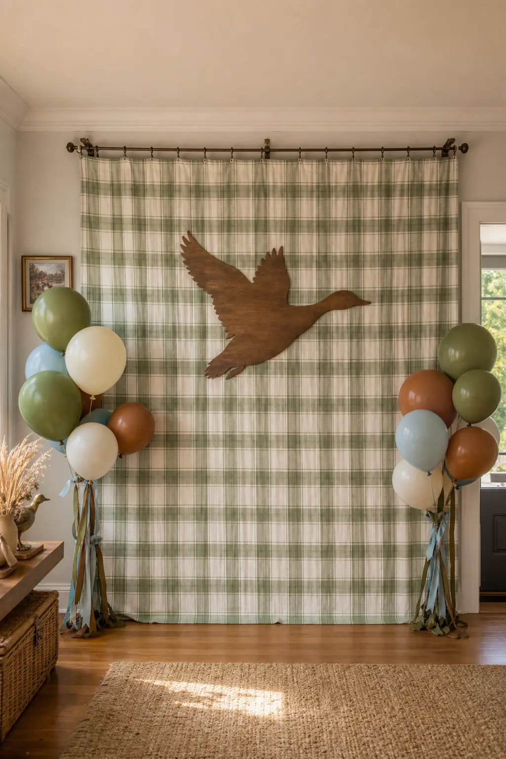 Plaid Wall With Flying Mallard Silhouette — A plaid fabric backdrop is softer than paper and photographs better in low light. One lucky duck birthday party