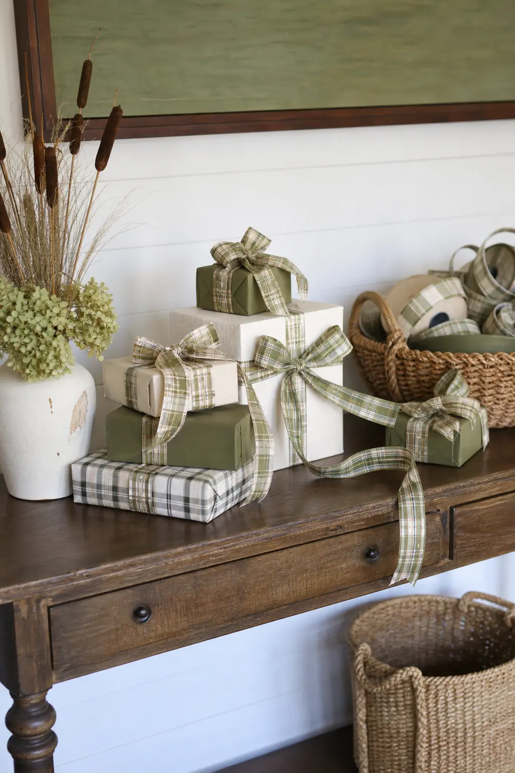 Plaid Wrapped Gift Table — Gifts pile up fast at a first birthday, a designated table keeps them from taking over the entryway floor. One lucky duck birthday