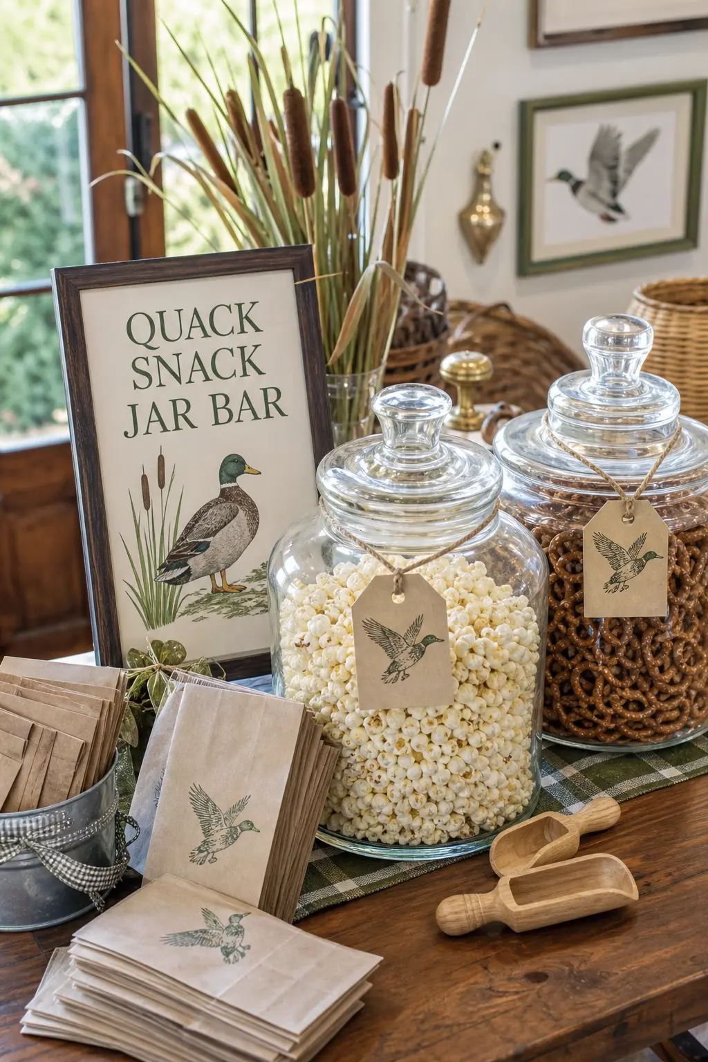 Quack Snack Jar Bar — Popcorn and pretzels in oversized glass jars look far more finished than the same snacks in plastic bowls, and cost almost nothing extra.
