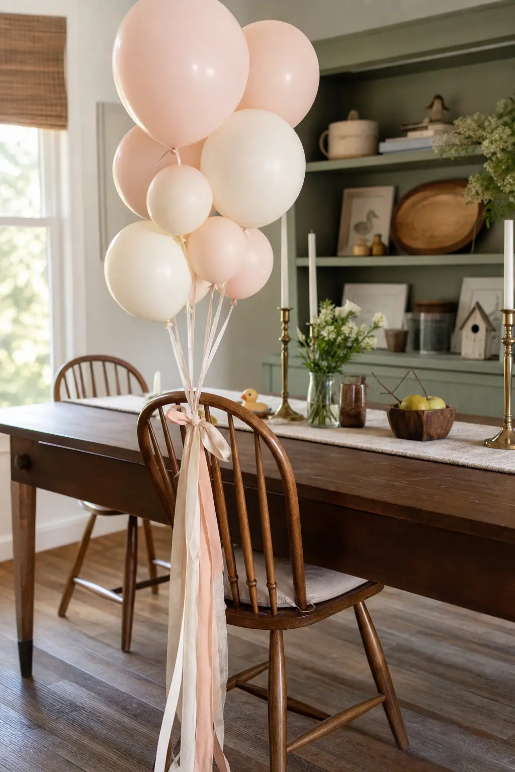 Ribbon Tied Chair Cluster — The head chair needs almost nothing to look intentional, just a small cluster of balloons tied on with long trailing ribbon. One
