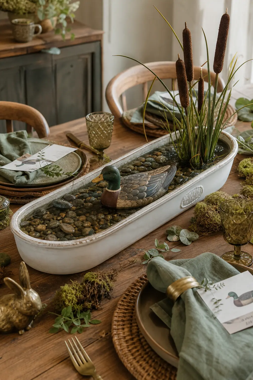 Tabletop Duck Pond Trough — For the head table specifically, a shallow ceramic trough with river stones and a single carved mallard reads as a tiny still life