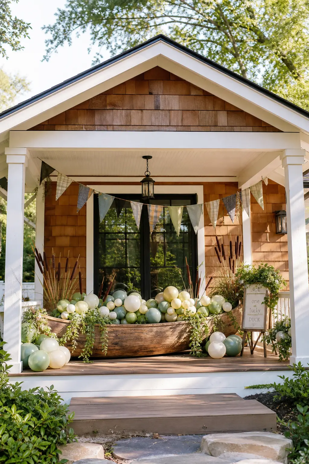 Vintage Canoe Balloon Vessel — A small wooden canoe filled with balloons instead of paddles turns a porch corner into the party's most photographed spot