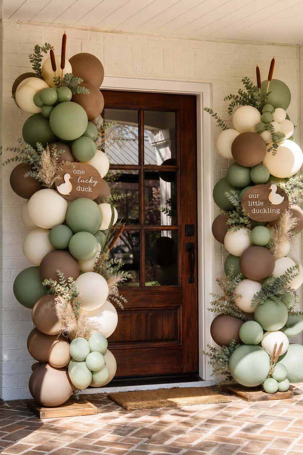 Walnut Balloon Column Duo — Two matching columns flanking the front door make the entrance itself feel like an occasion before guests even ring the bell. One
