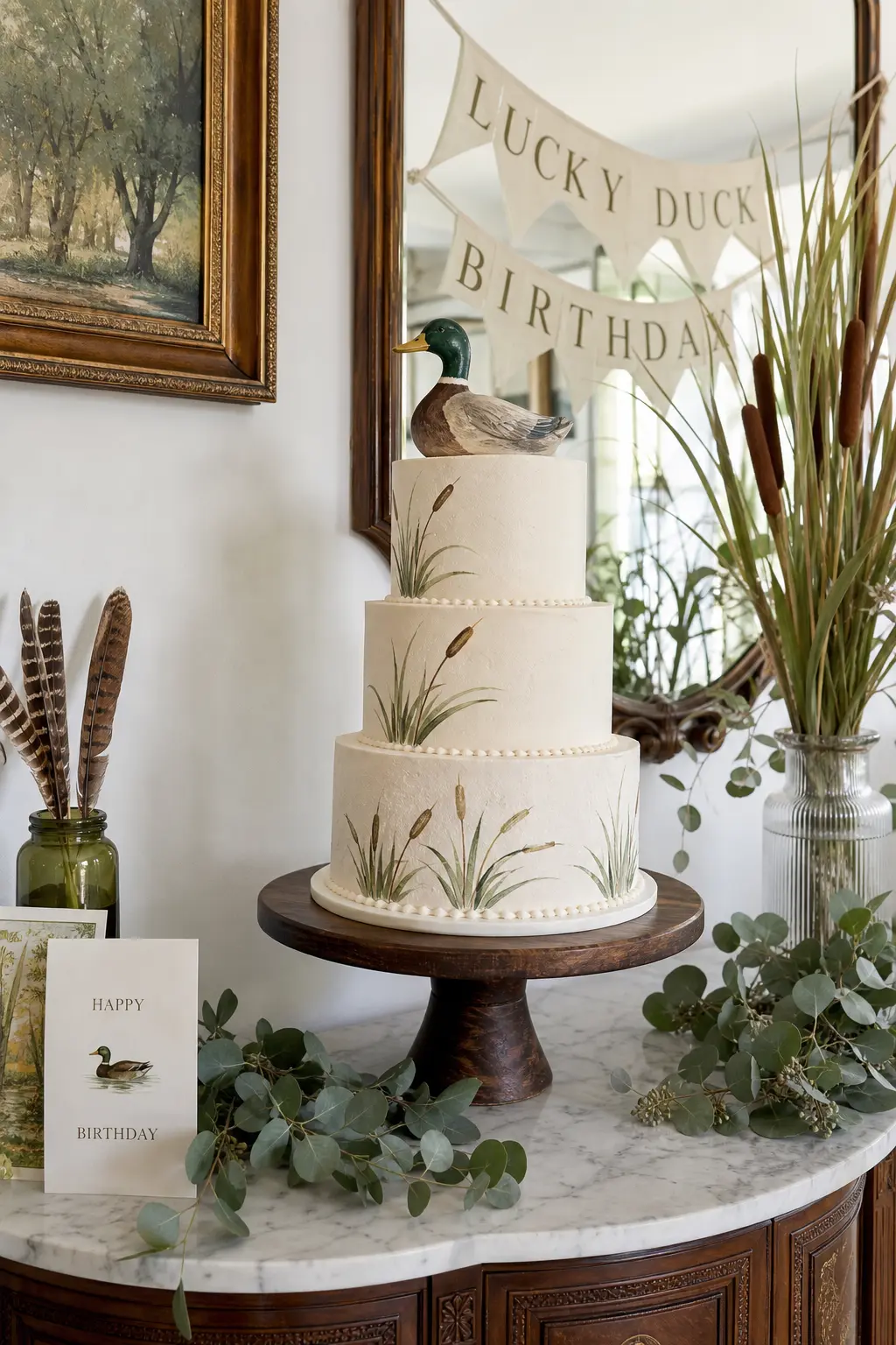 Walnut Stand Cake Centerpiece — A plain cream cake needs very little help when the topper does the talking. One lucky duck birthday party