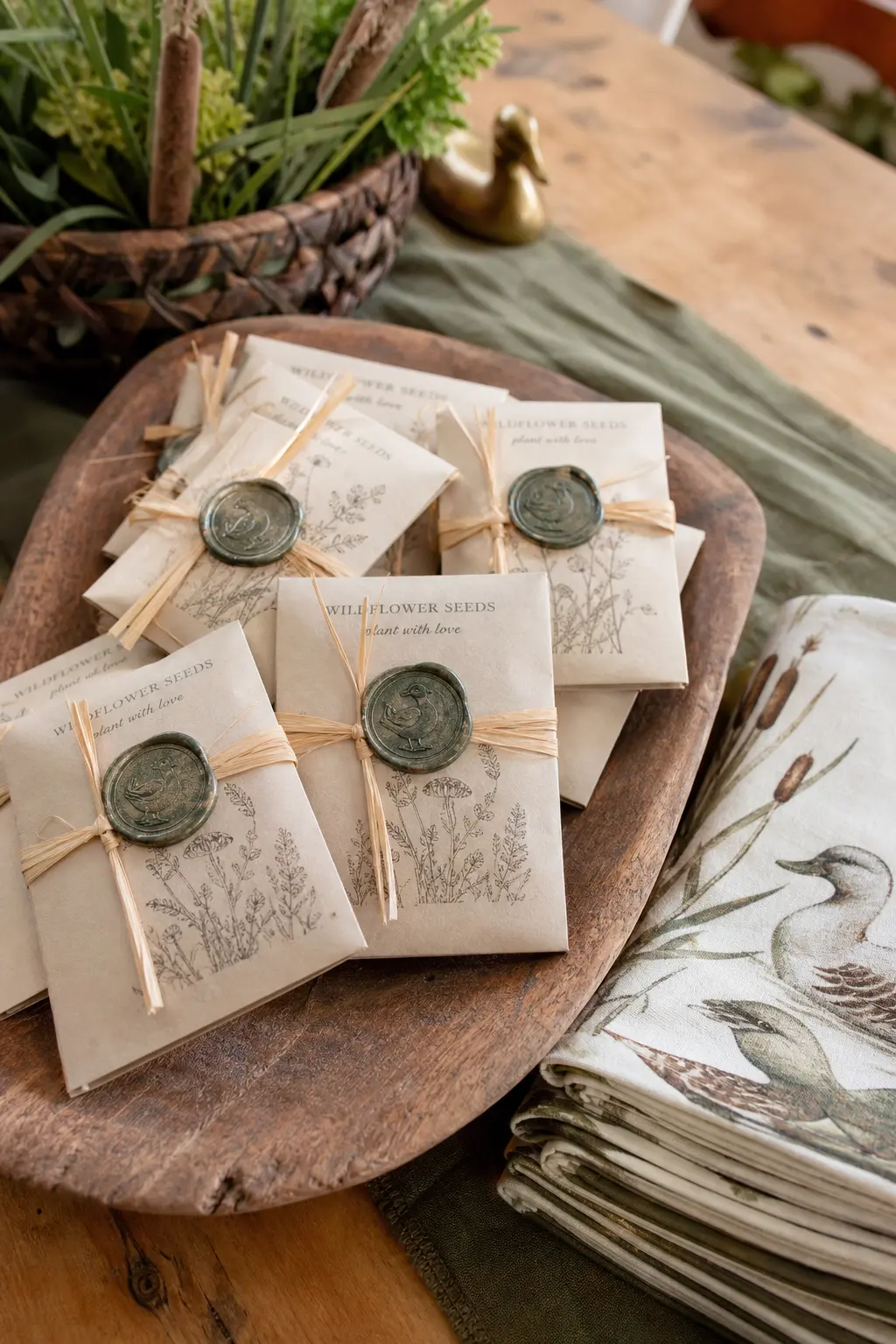 Wildflower Seed Packet Favors — Seed packets pack flat, cost little and give guests something to actually plant instead of set on a shelf. One lucky duck