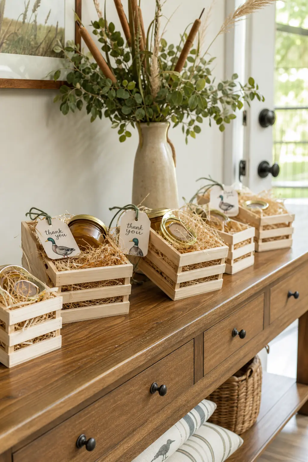 Wood Crate Honey Favors — A jar of local honey with a tiny mallard tag is a favor grandparents keep as much as young parents do. One lucky duck birthday party