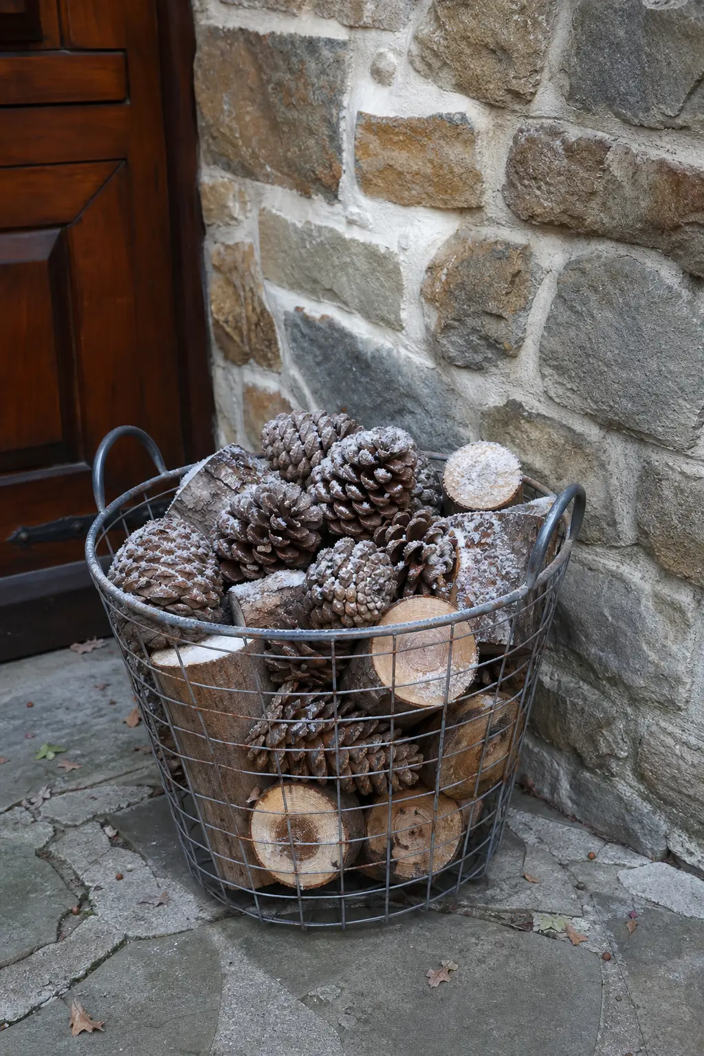Cones and Logs in a Wire Basket